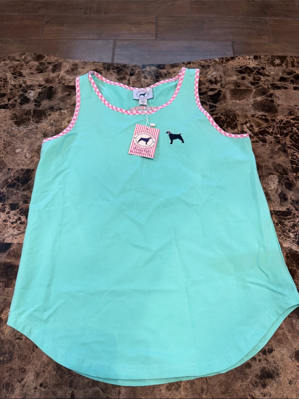 Mint Tank Top with Pink Check Trim and Dog Logo